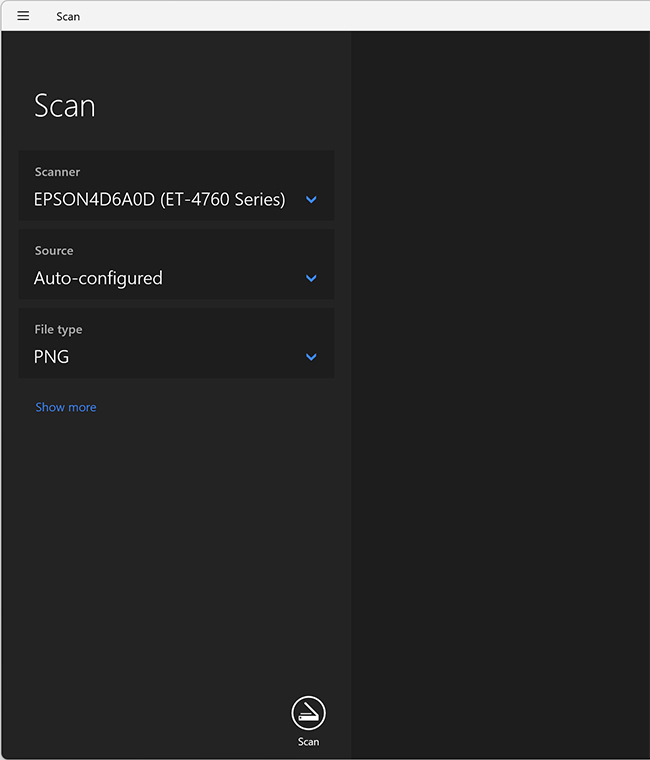 Главное окно Windows Scan с выбранным сканером Epson, автоматической подачей и форматом PNG
