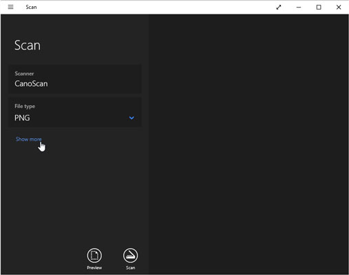 Windows Scan в свёрнутом виде со ссылкой раскрытия дополнительных параметров
