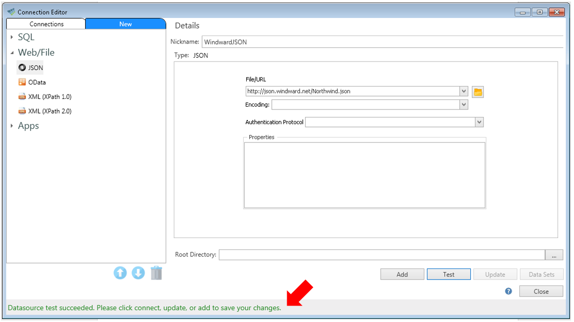 Успешная проверка подключения в Connection Editor