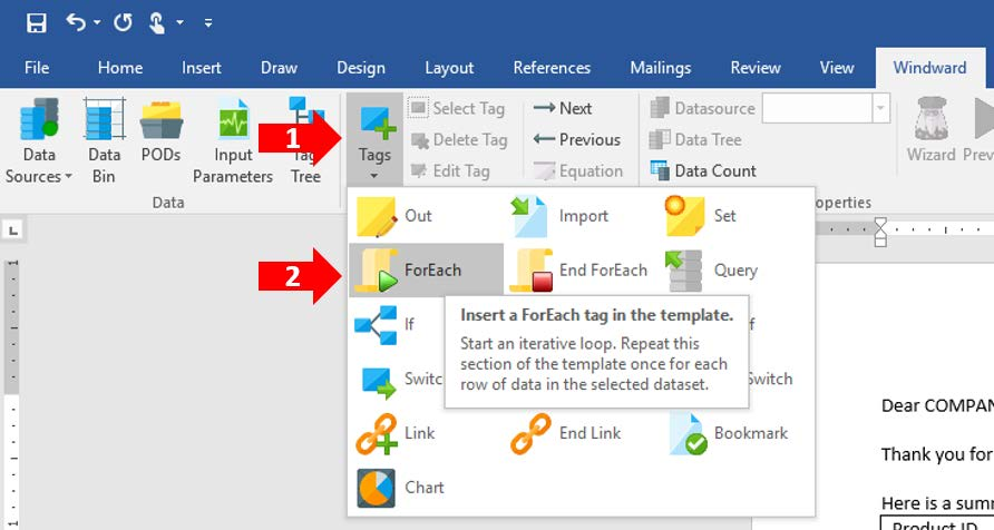 Меню тегов Windward на ленте Microsoft Word