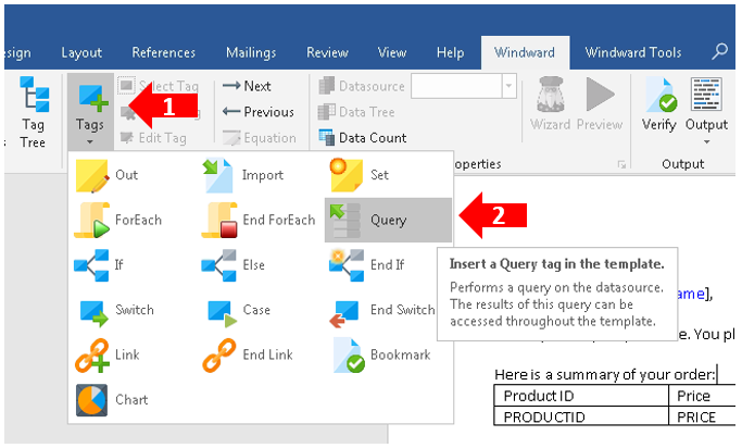 Выбор тега Query на ленте Word