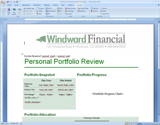 Шаблон Word с лентой Windward и тегами