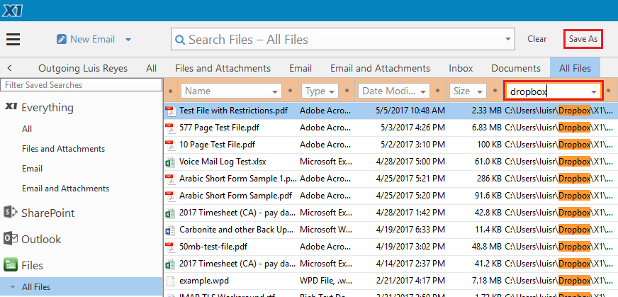 Фильтрация результатов X1 Search по пути Dropbox