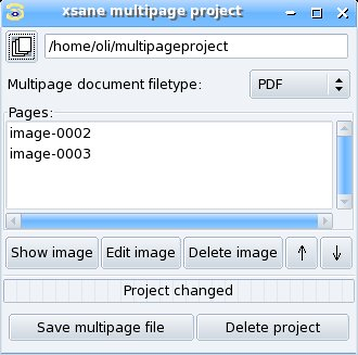 Окно многостраничного проекта XSane с выбором PDF