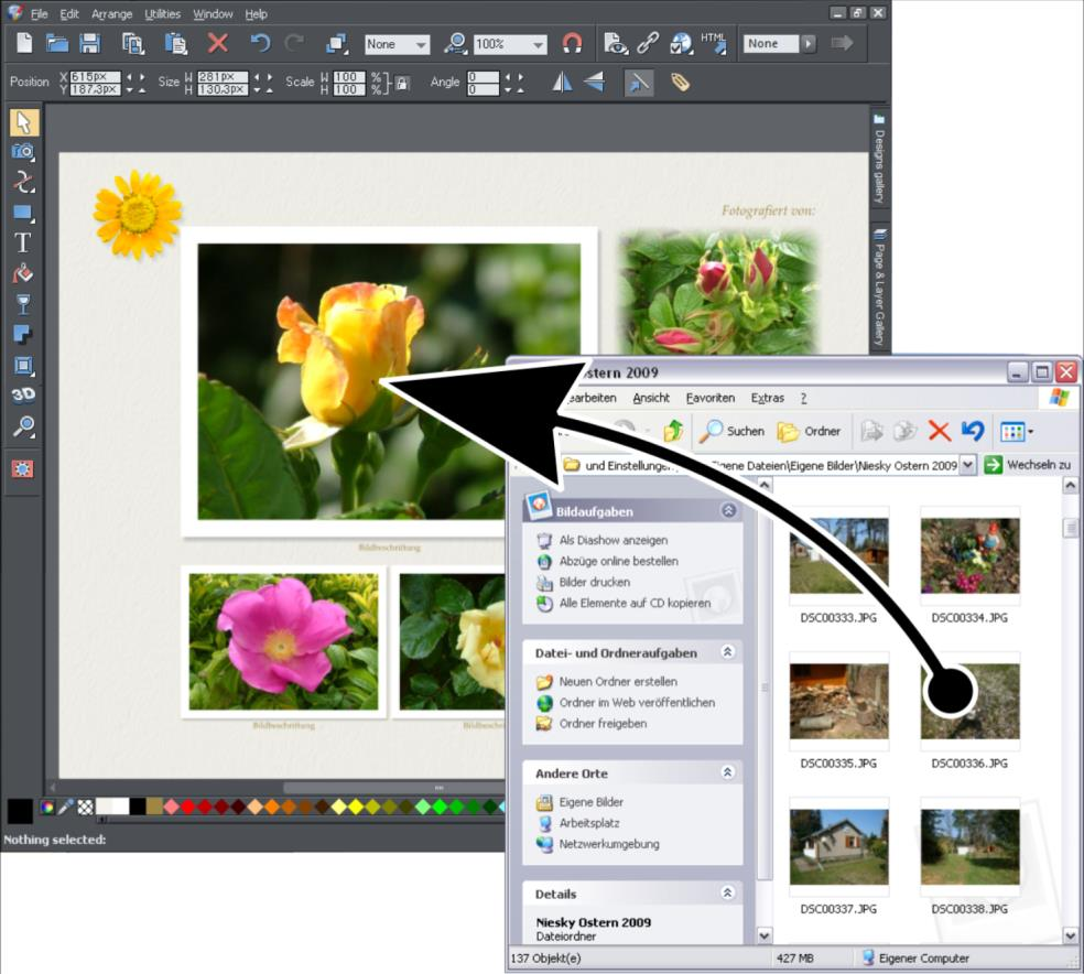 Рабочая область Xara Photo & Graphic Designer с фото и галереями