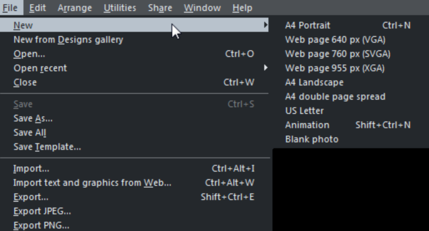 Меню файловых операций Xara Photo & Graphic Designer