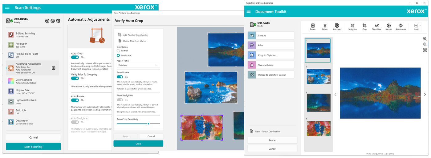 Настройки сканирования и автоматической обрезки в Xerox Print and Scan Experience