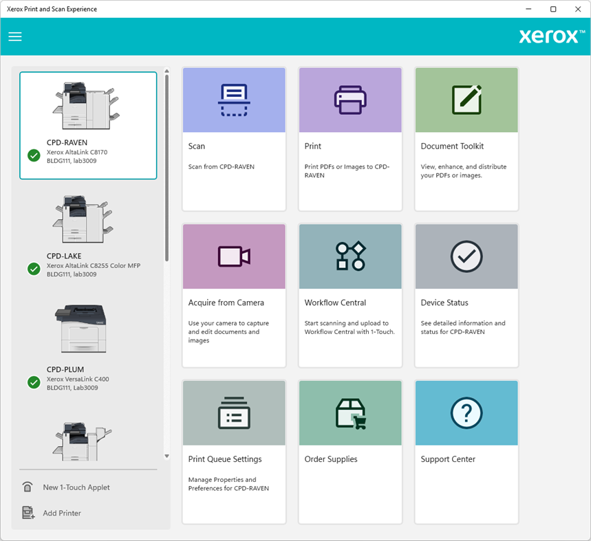 Главное окно Xerox Print and Scan Experience с устройствами и плитками функций