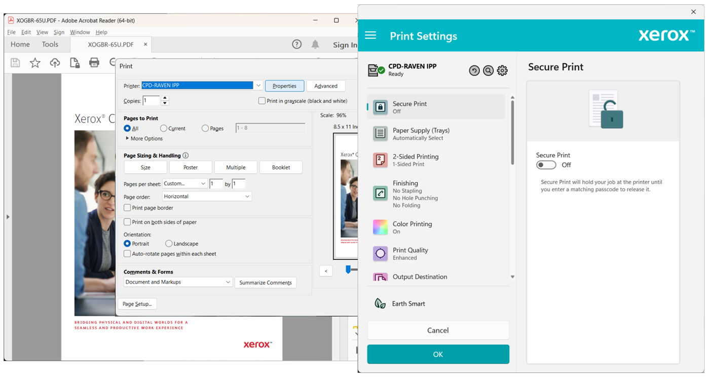 Предварительный просмотр и Secure Print перед печатью