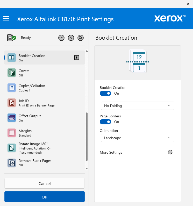 Параметры создания брошюры в окне печати Xerox
