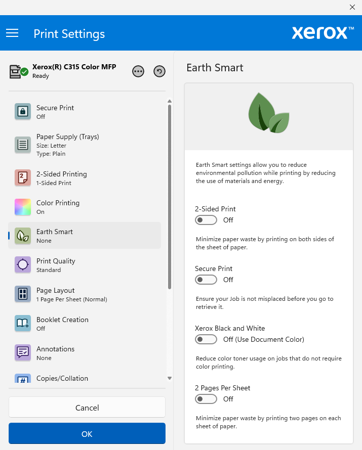 Экран Earth Smart с настройками экономичной печати