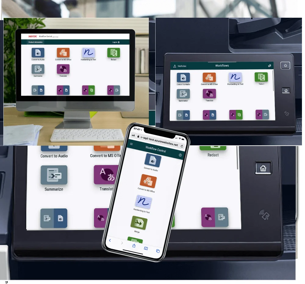 Интерфейс Xerox Workflow Central на компьютере, телефоне и МФУ