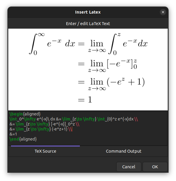 Окно ввода и предпросмотра формулы LaTeX в Xournal++