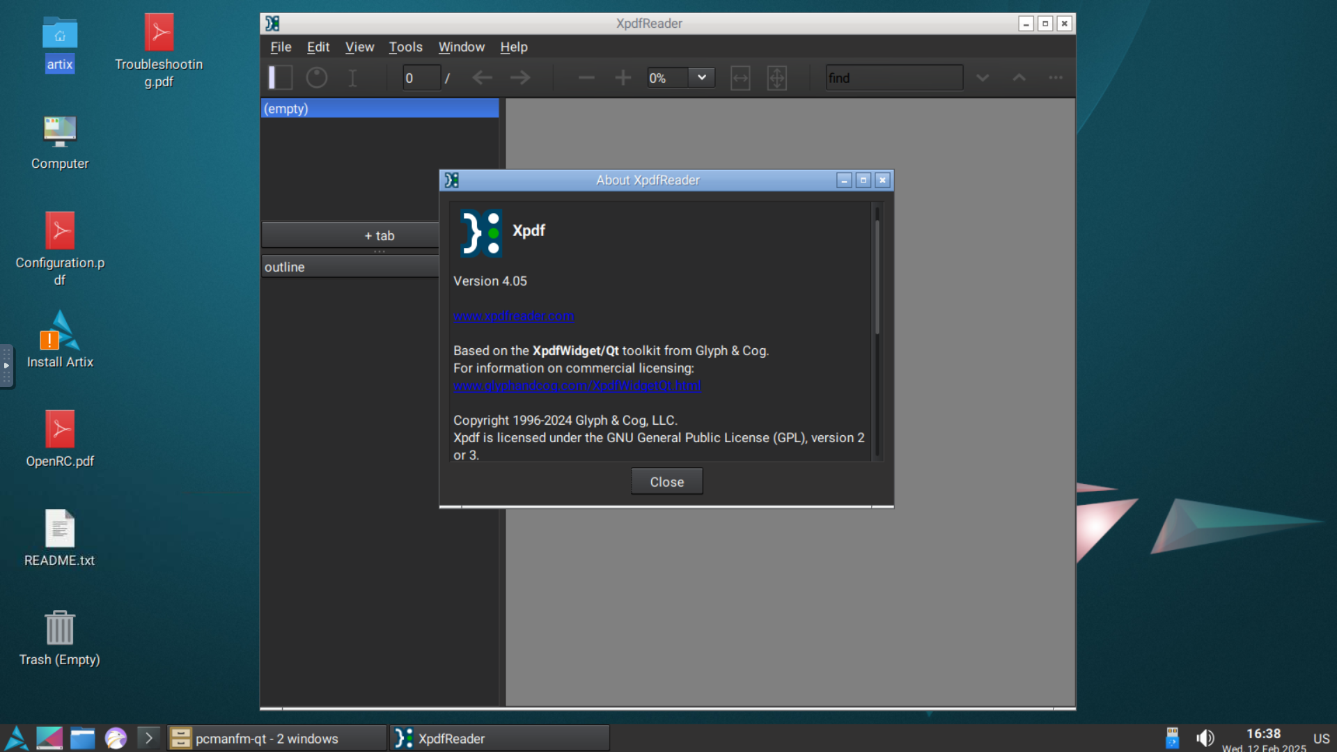 Диалог About XpdfReader 4.05 в Linux
