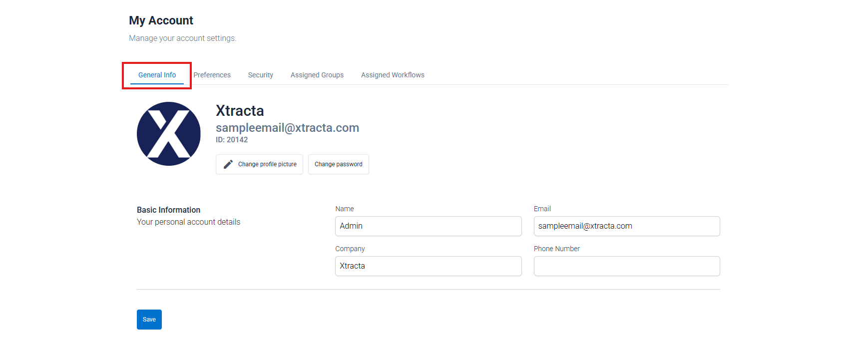 Общие настройки учётной записи Xtracta