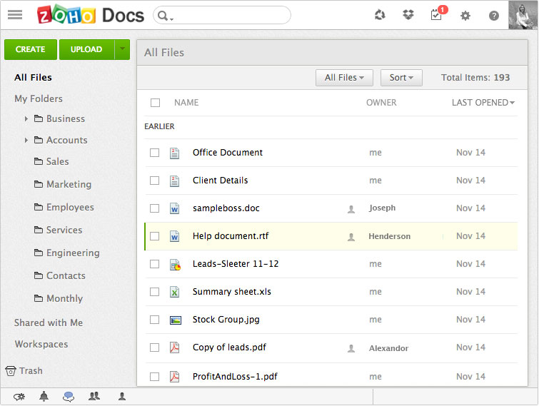 Главный список файлов Zoho Docs с папками, рабочими областями и PDF