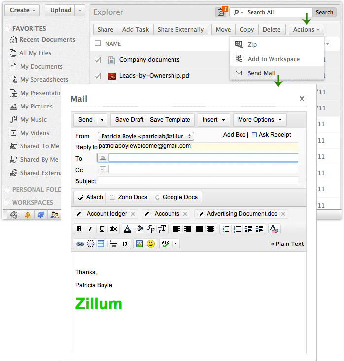 Отправка документа из Zoho Docs через Zoho Mail