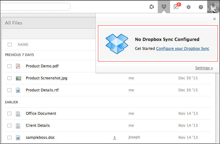 Выбор папки Dropbox для синхронизации с Zoho Docs