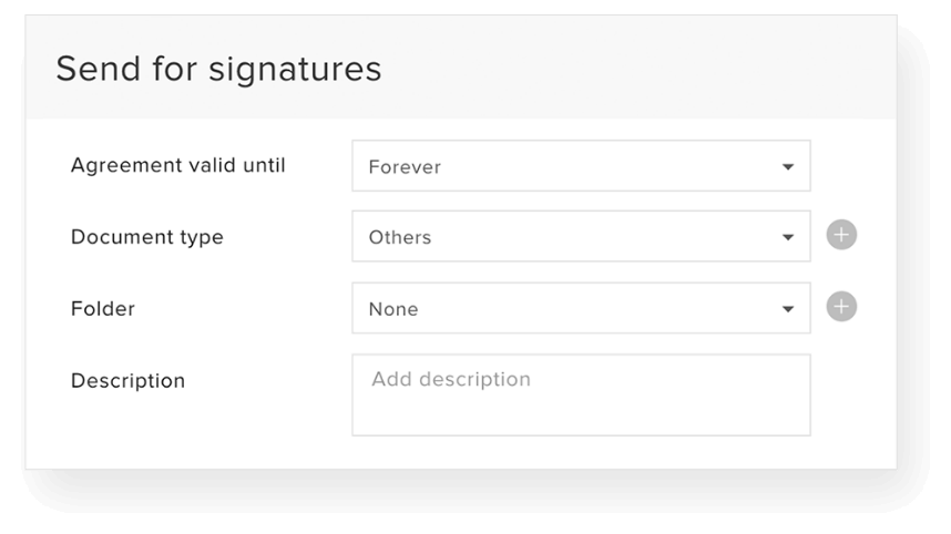 Параметры срока, типа, папки и описания запроса Zoho Sign