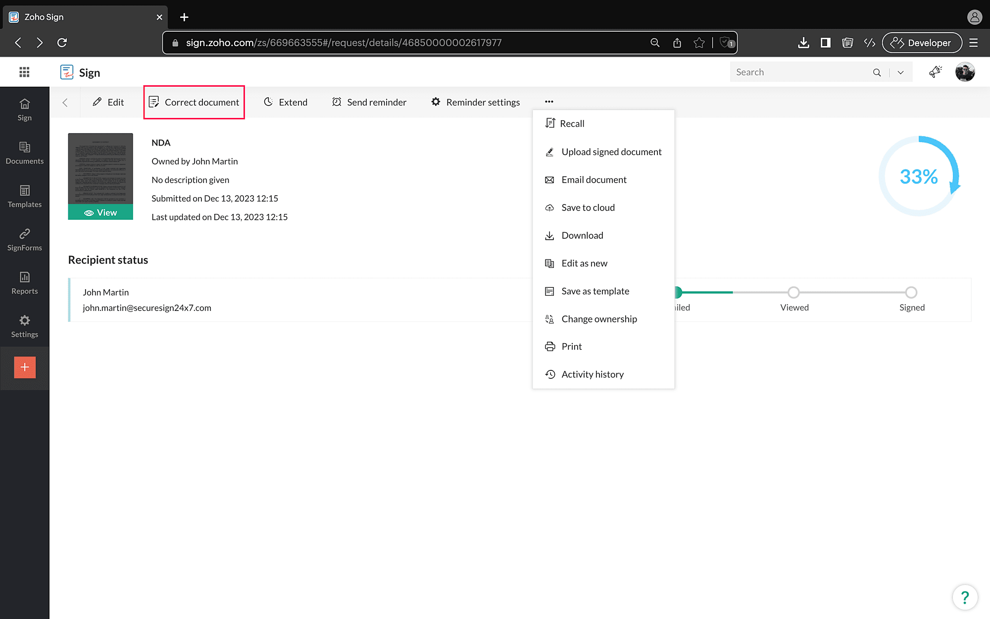 Меню действий и команда Correct document в Zoho Sign