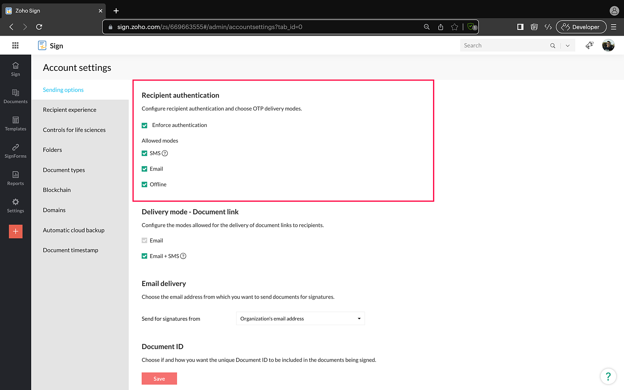 Настройки способов аутентификации получателей