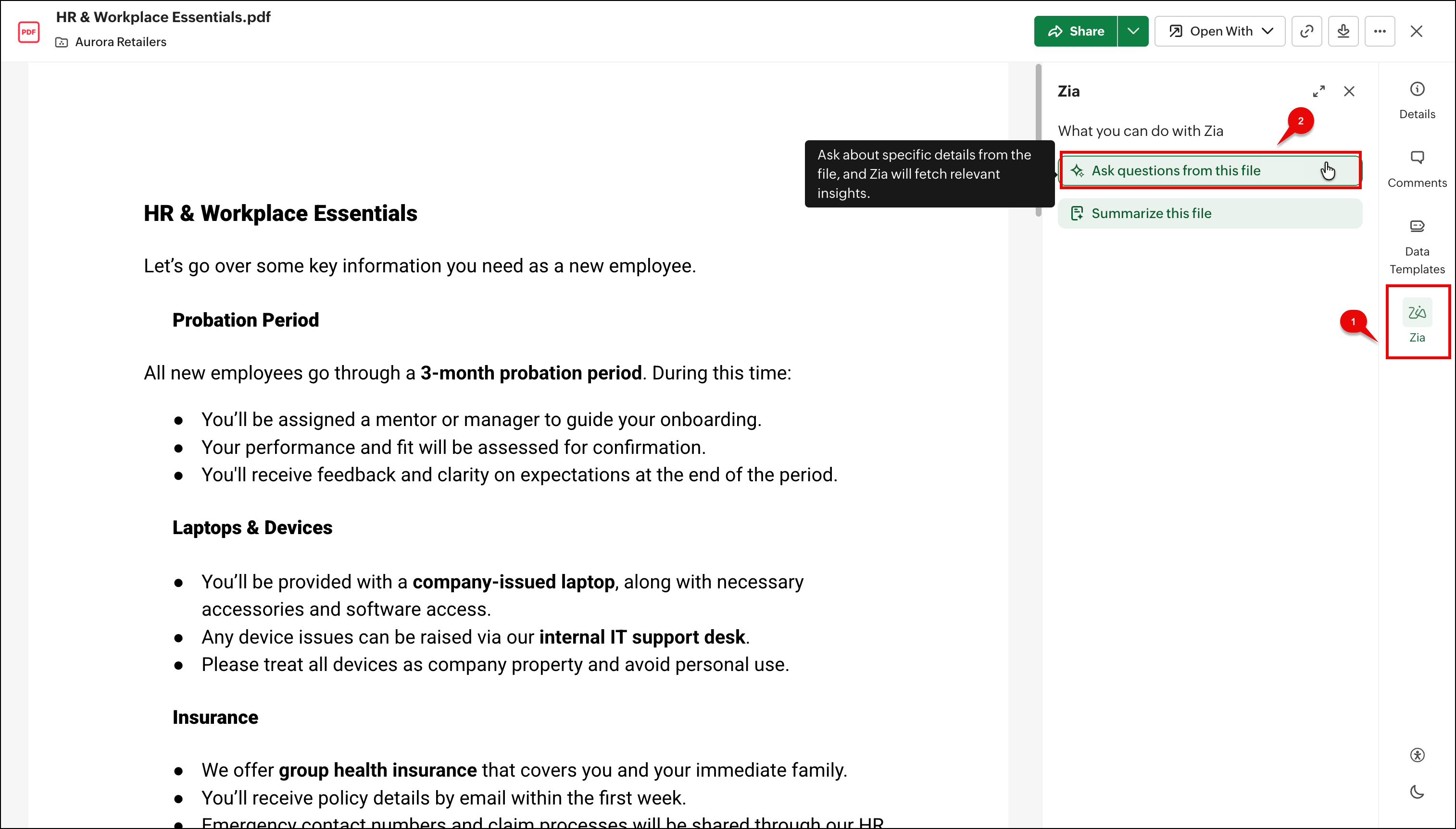 Интерфейс Zoho WorkDrive PDF Viewer