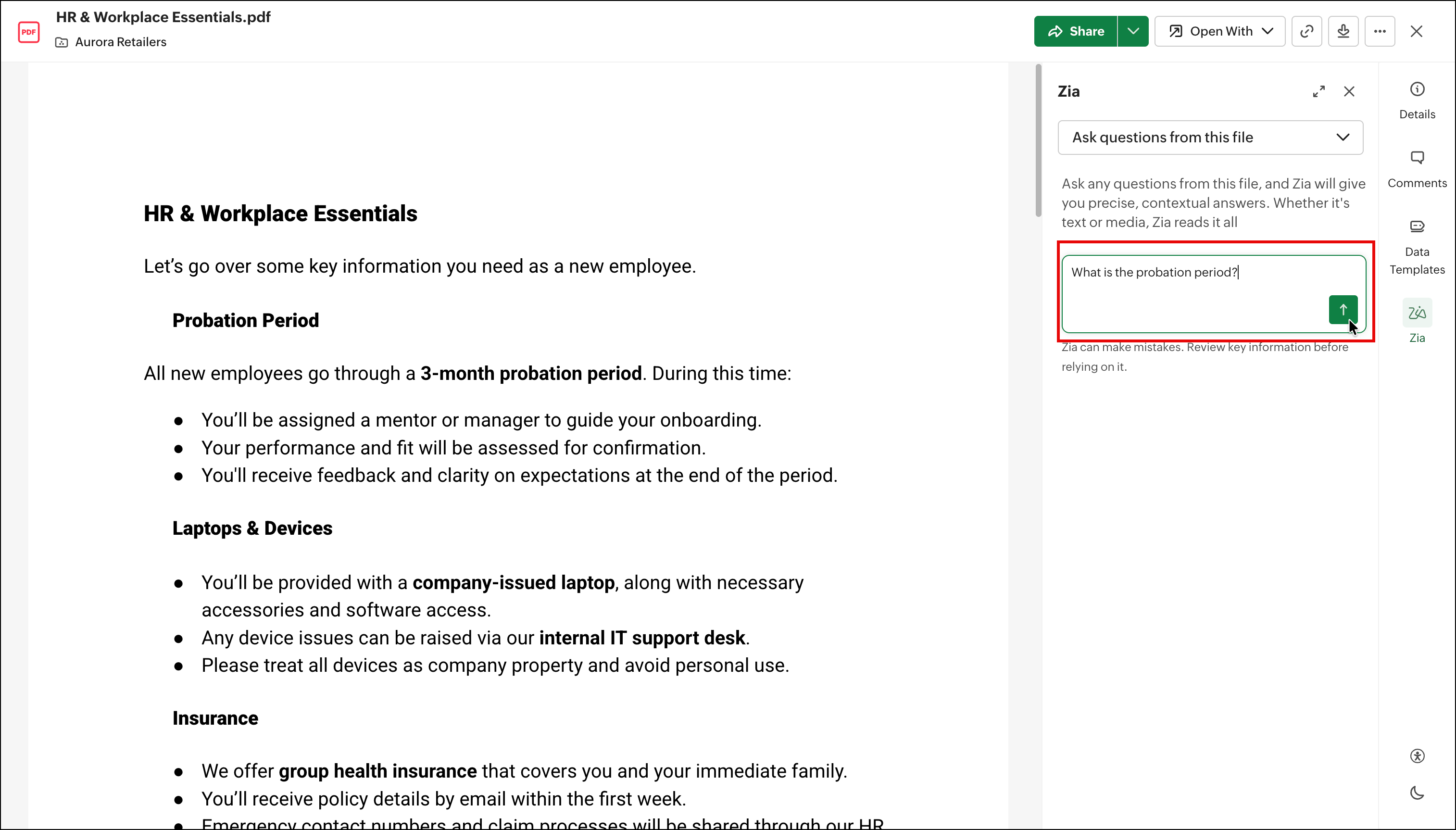 Интерфейс Zoho WorkDrive PDF Viewer