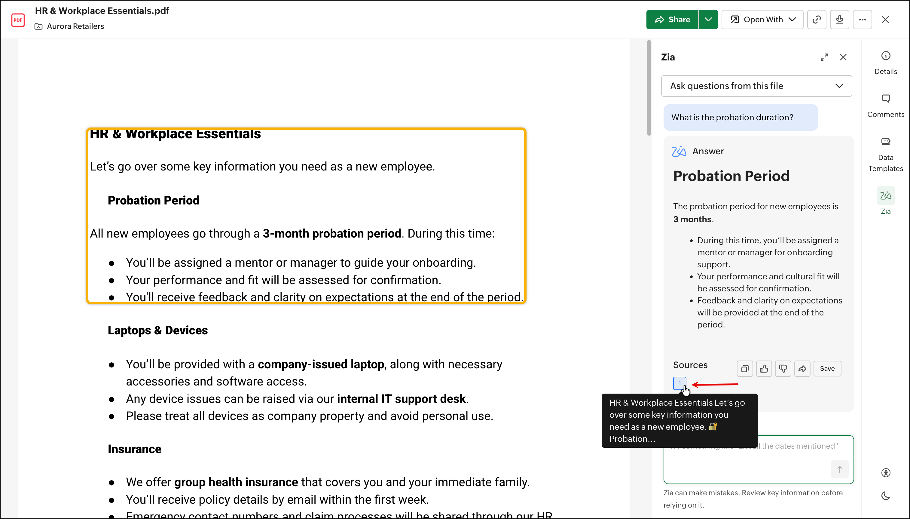Интерфейс Zoho WorkDrive PDF Viewer