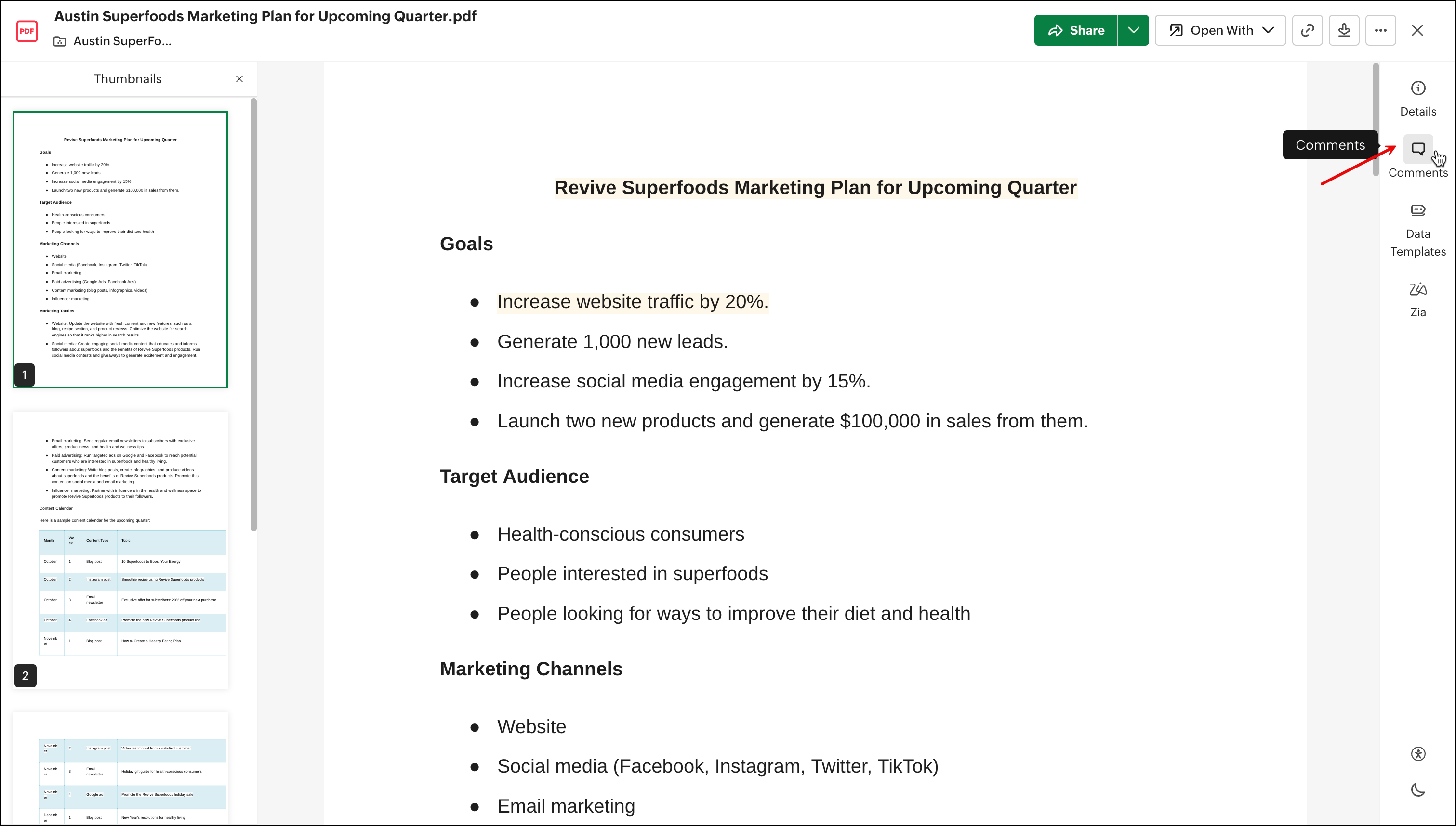 Интерфейс Zoho WorkDrive PDF Viewer