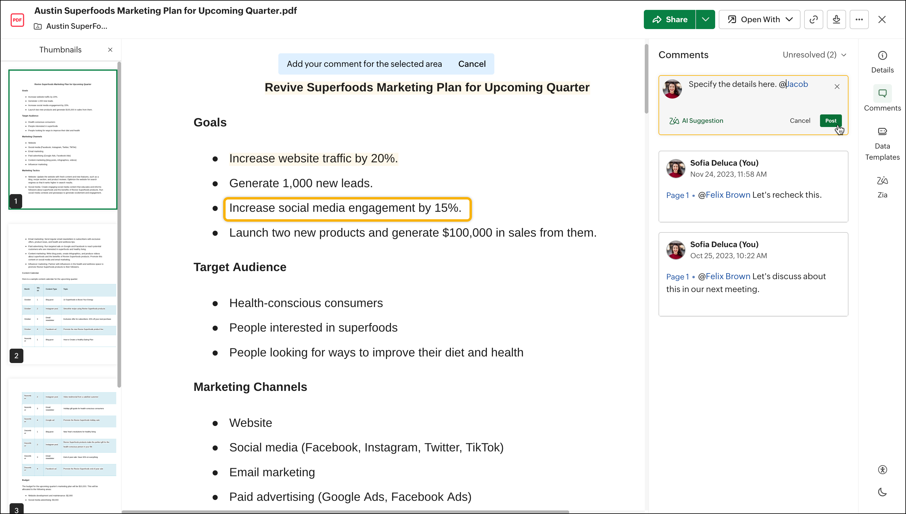 Интерфейс Zoho WorkDrive PDF Viewer