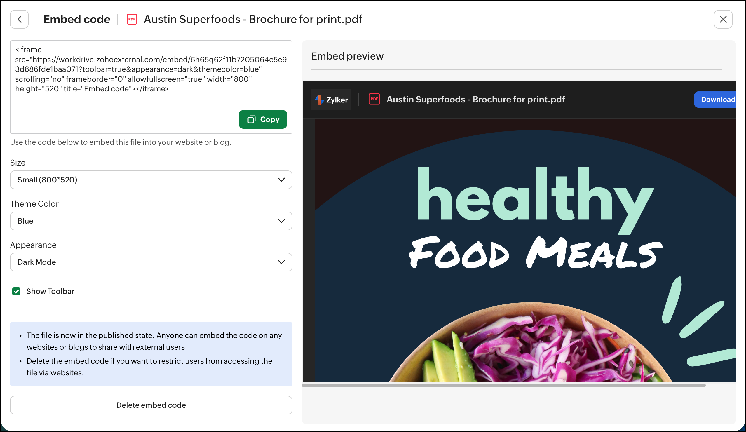 Интерфейс Zoho WorkDrive PDF Viewer