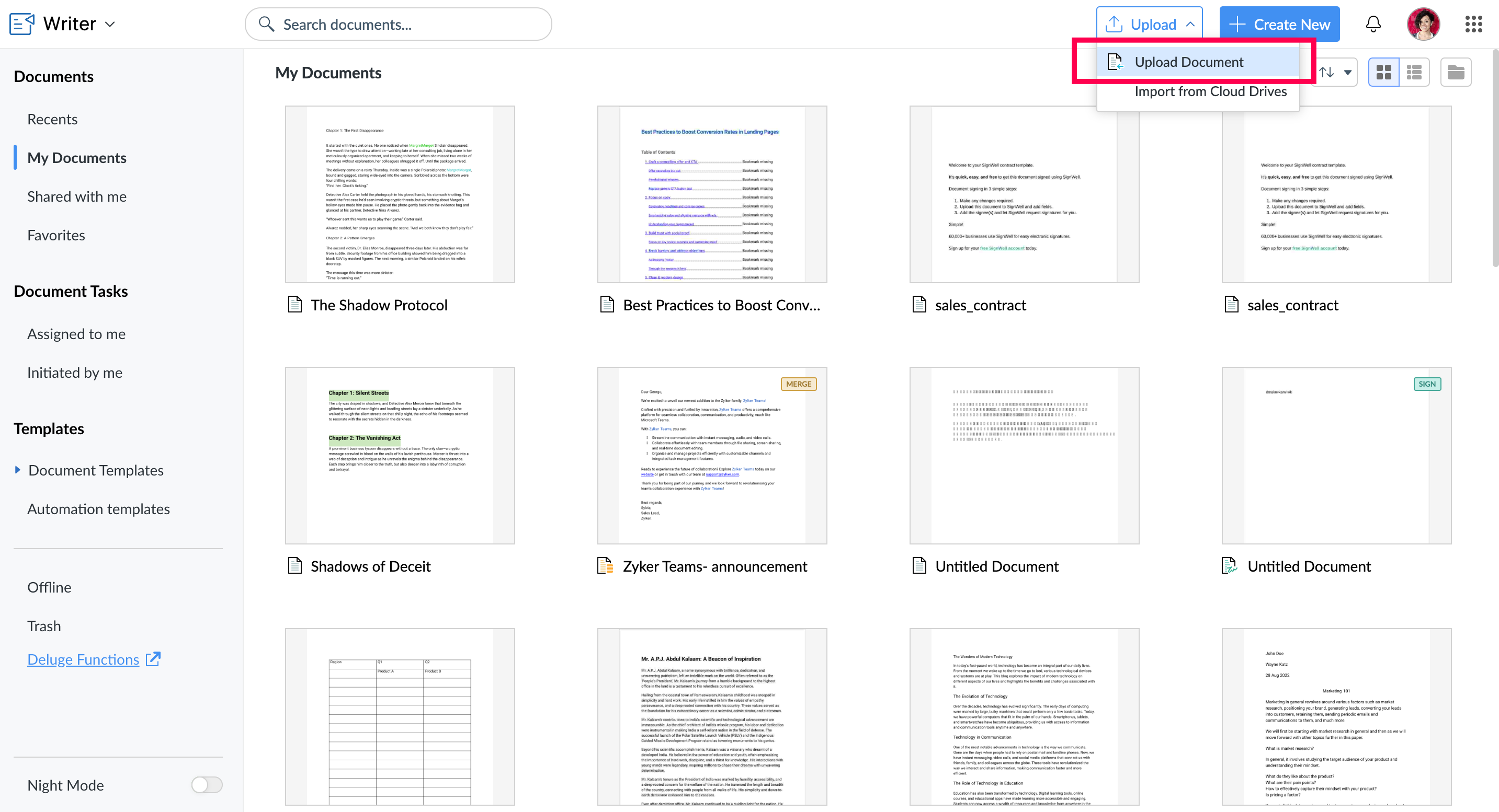 Загрузка PDF с панели документов Zoho Writer