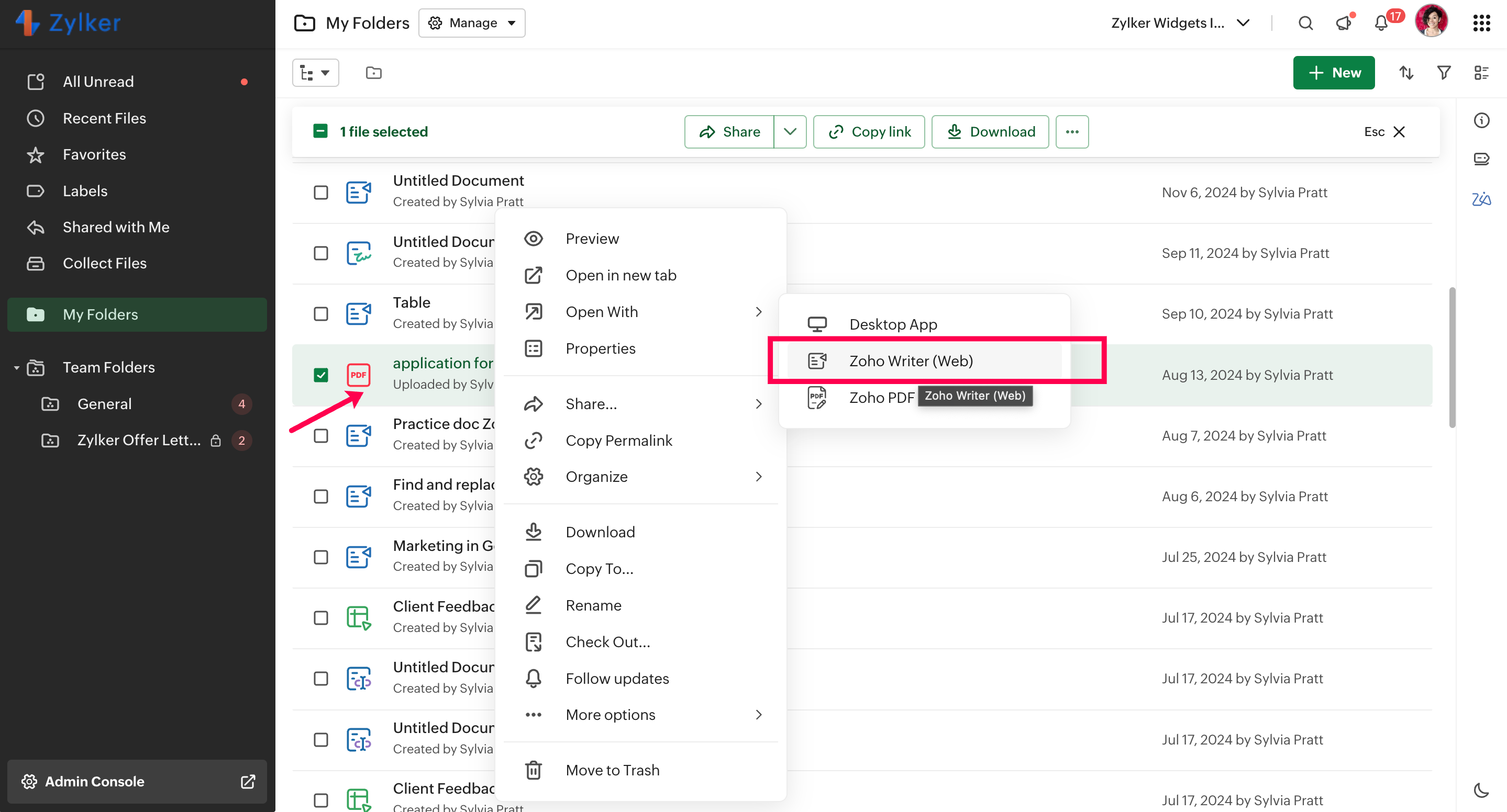 Открытие PDF из Zoho WorkDrive в Zoho Writer