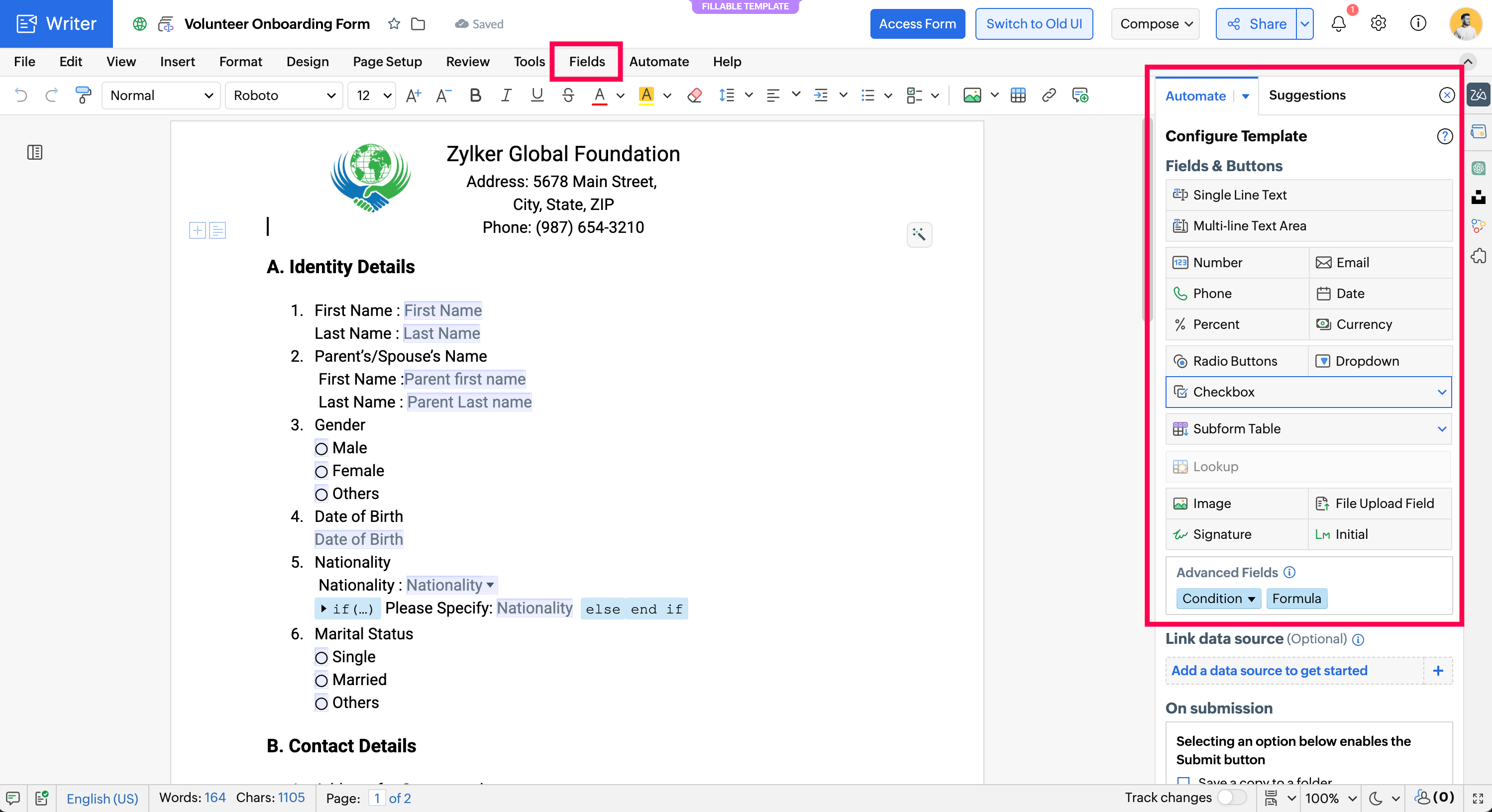 Панель Fillable Fields в Zoho Writer