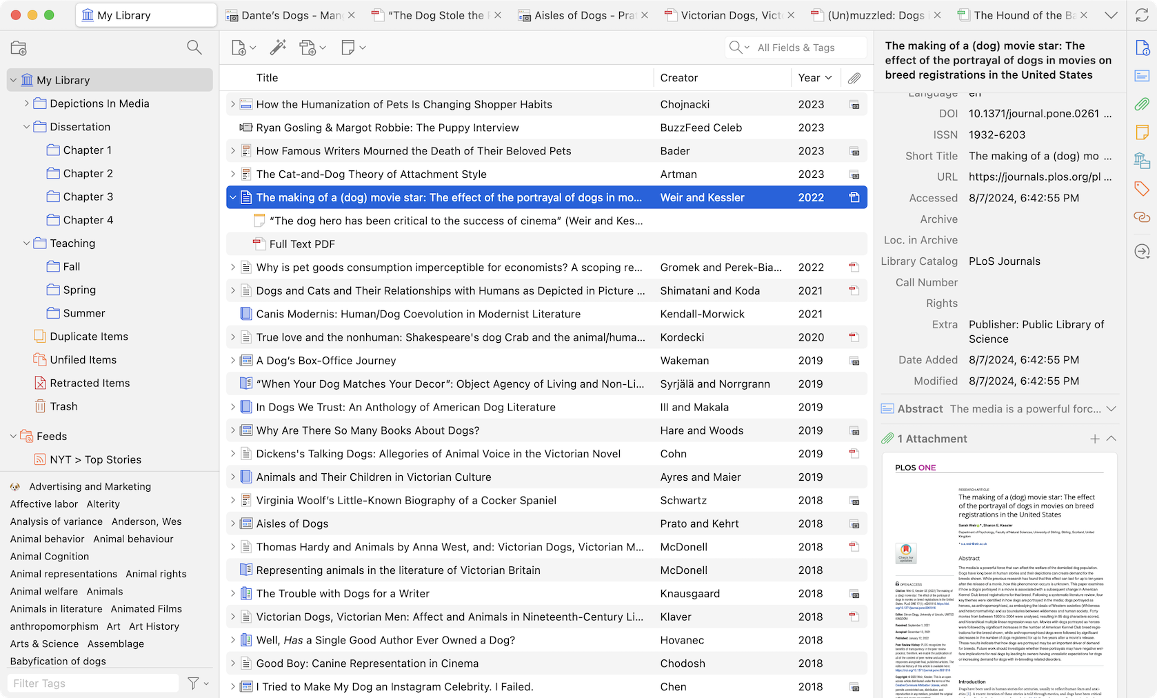 Библиотека Zotero с открытым PDF и панелями вложения