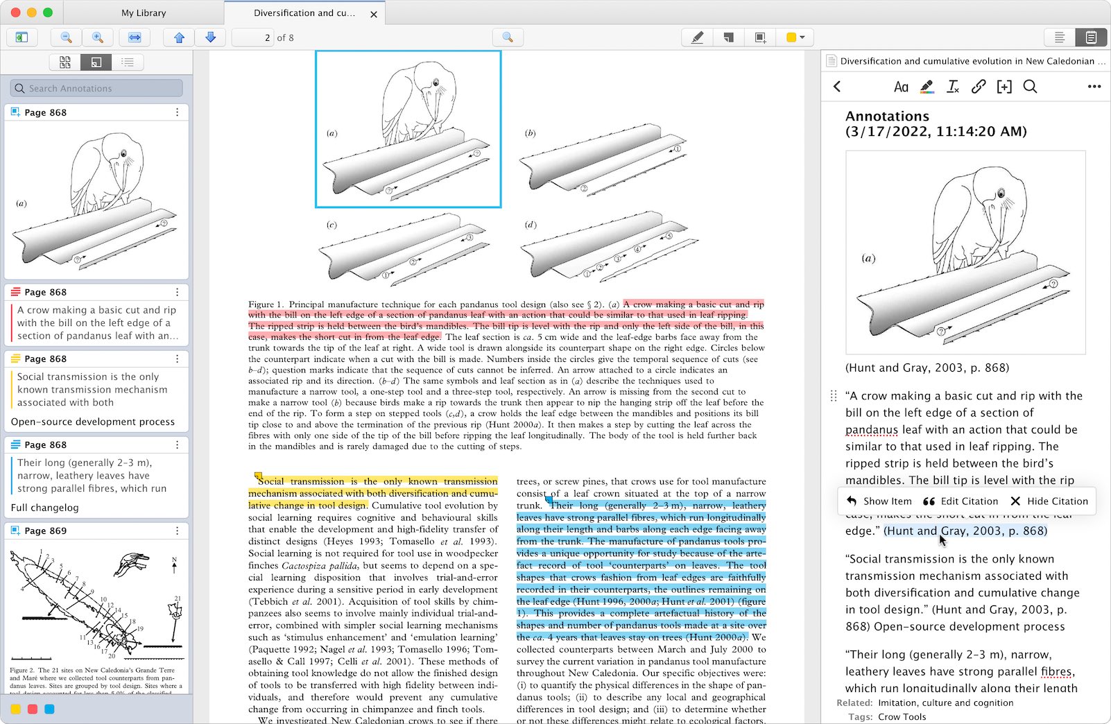 PDF с миниатюрами, цветными выделениями и панелью аннотаций