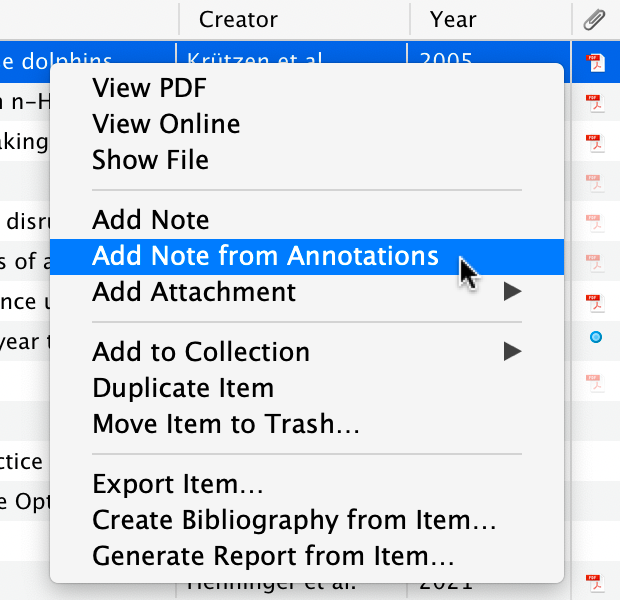 Команда создания заметки из аннотаций в Zotero