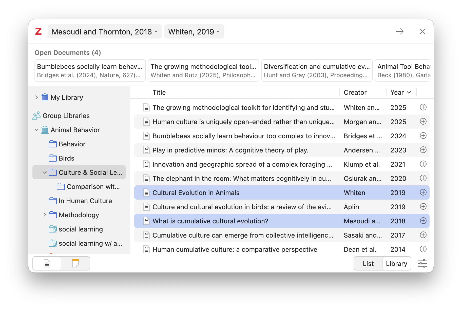 Режим библиотеки в диалоге вставки цитаты Zotero