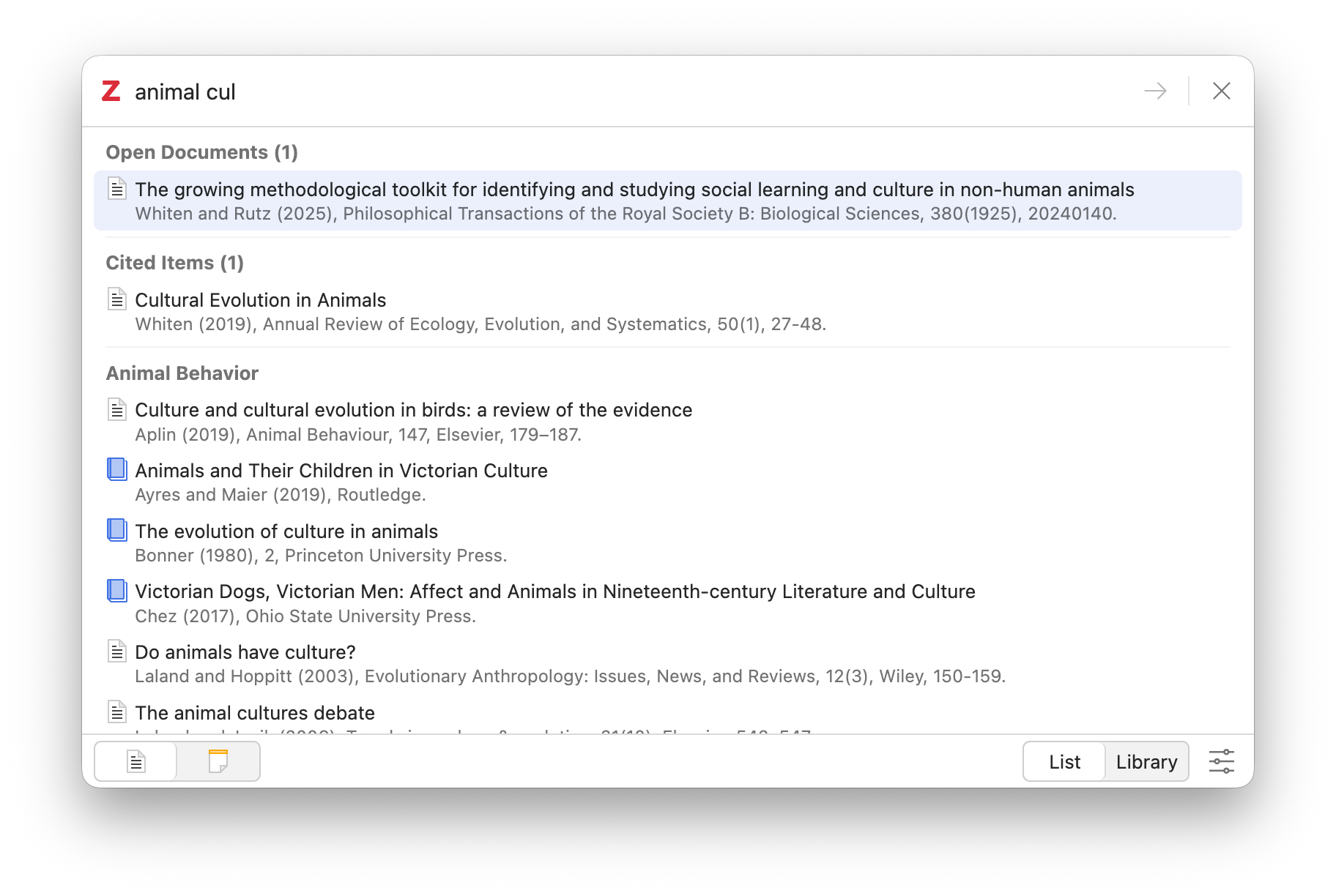 Режим списка в диалоге вставки цитаты Zotero