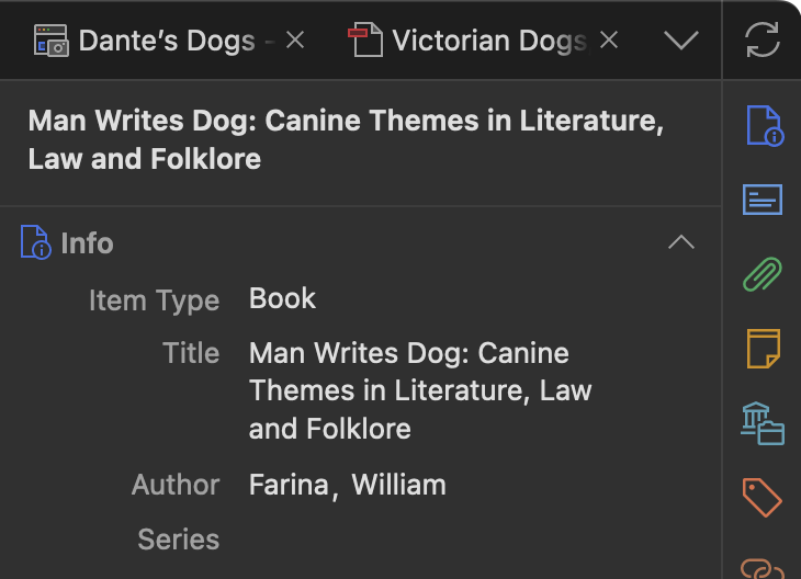 Панель сведений Zotero в тёмном режиме