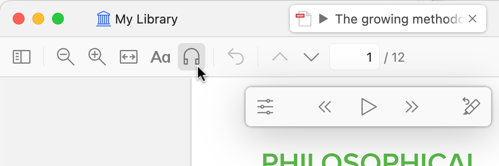 Панель чтения вслух в ридере Zotero