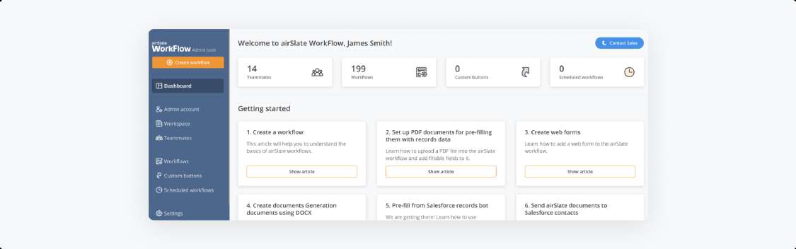 Панель управления airSlate WorkFlow с разделами рабочего пространства