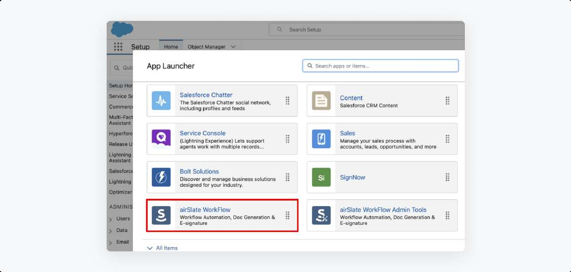 Приложение airSlate WorkFlow в меню Salesforce
