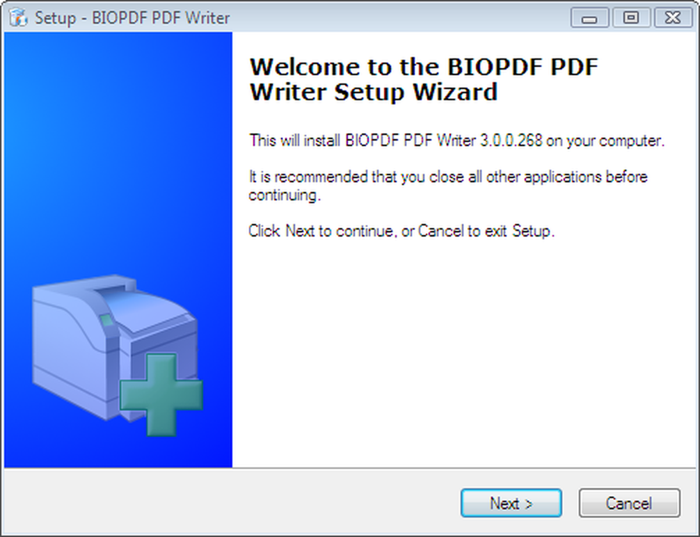 Первый экран мастера установки bioPDF PDF Writer