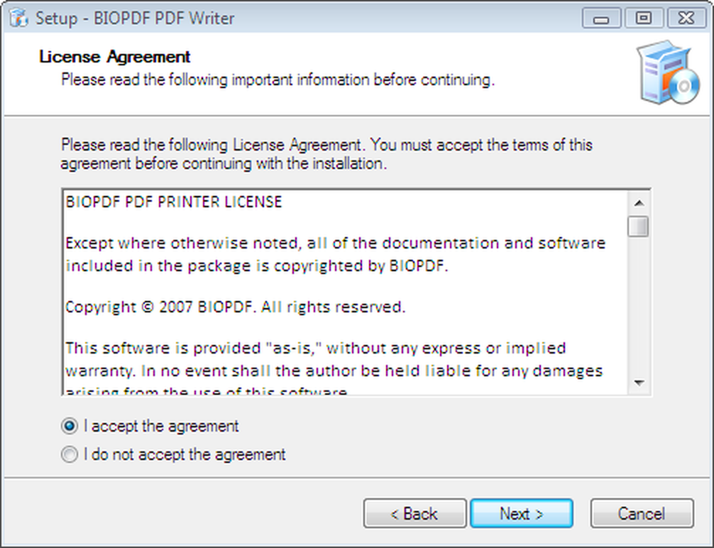 Лицензионное соглашение в мастере установки bioPDF PDF Writer