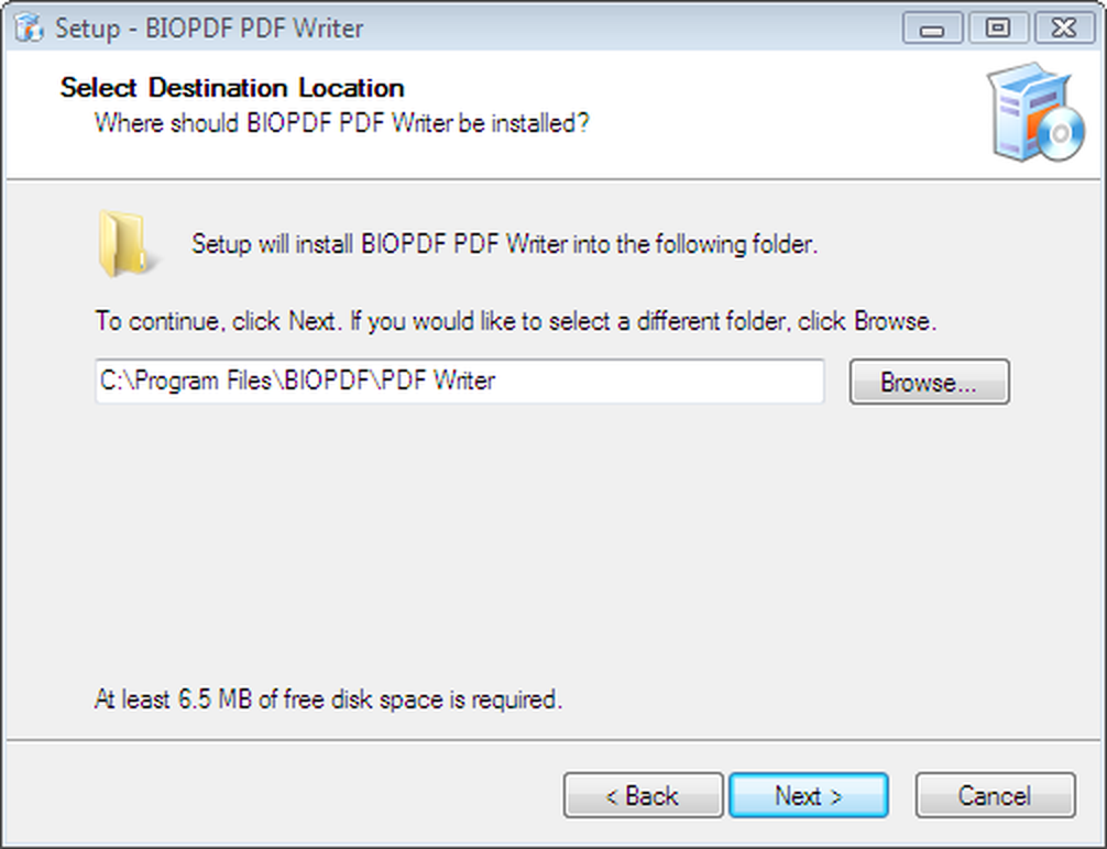Выбор папки установки bioPDF PDF Writer
