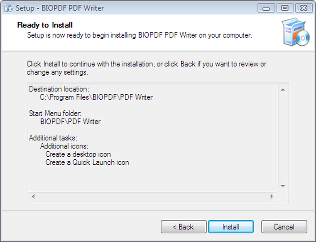 Сводка параметров перед установкой bioPDF PDF Writer