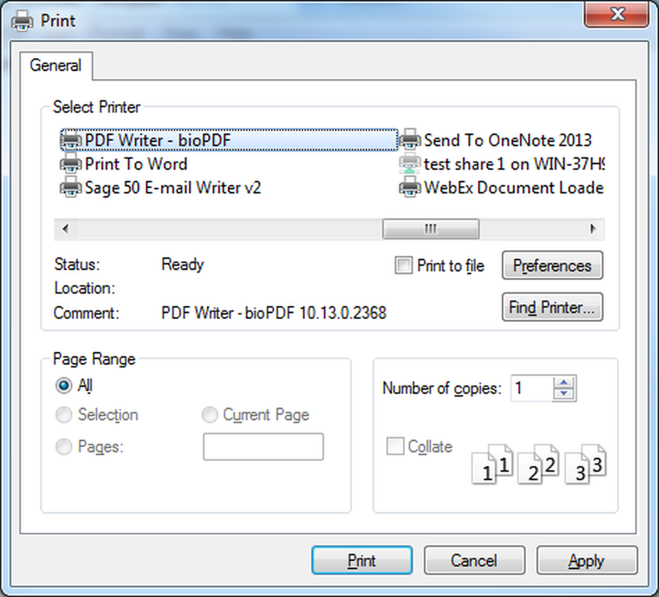 Выбор принтера PDF Writer - bioPDF в системном диалоге печати