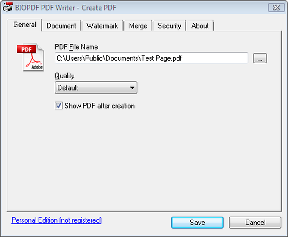 Основная вкладка сохранения PDF в bioPDF PDF Writer