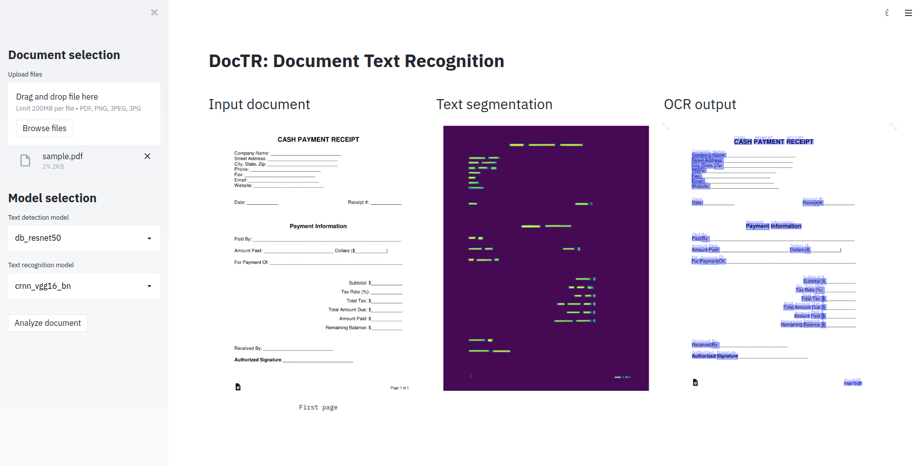 Официальный демонстрационный интерфейс docTR с выбором моделей и визуализацией OCR